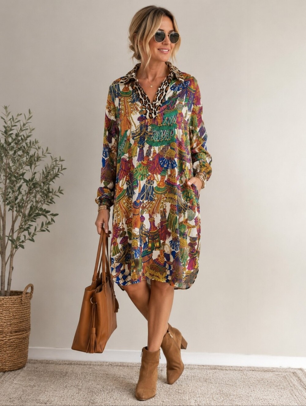 Shirtaporter Tassel Print Dress Leopard Collar Silky Size Medium Dress